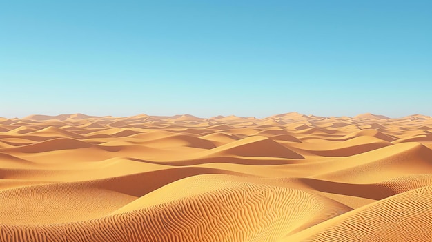 Esta é uma bela paisagem de um vasto deserto com dunas de areia onduladas sob um céu azul claro