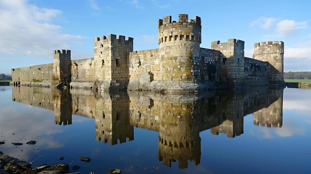 Foto esta é uma foto de um belo castelo com um fosso o castelo é feito de pedra cinzenta e tem três torres o fosso é cercado por um gramado verde