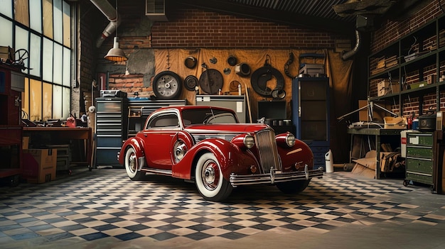 Esta é uma foto de um carro Packard clássico dos anos 30 numa garagem. O carro é vermelho e em perfeita condição.