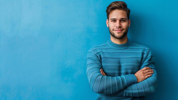 Esta é uma foto de um jovem com uma camisola azul. Ele está de pé com os braços cruzados e tem um sorriso confiante no rosto.