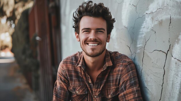 Esta é uma foto de um jovem sorridente. Ele tem cabelo castanho e olhos azuis e está vestindo uma camisa a quadros.