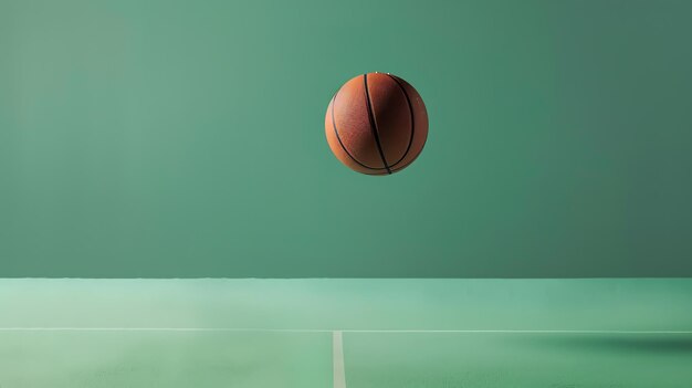 Esta é uma foto de uma bola de basquetebol. A bola de basquete está no ar e está prestes a atingir o chão. O fundo é verde.