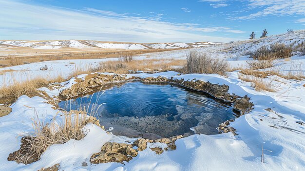 Foto esta é uma foto de uma fonte termal em uma paisagem coberta de neve. a fonte termal é cercada por colinas cobertas de neve e a água é de cor azul brilhante.