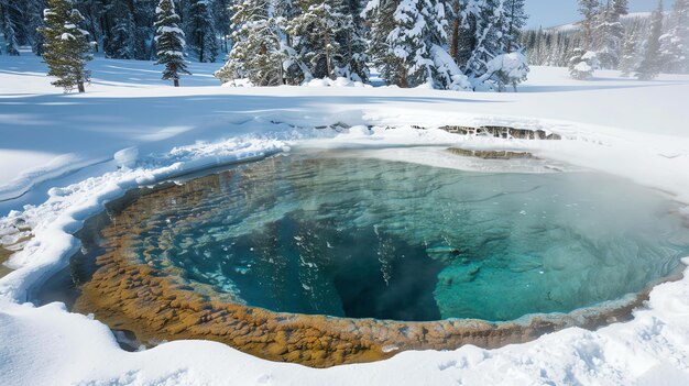 Foto esta é uma foto de uma fonte termal no parque nacional de yellowstone. a fonte termal é cercada por terra coberta de neve e árvores.