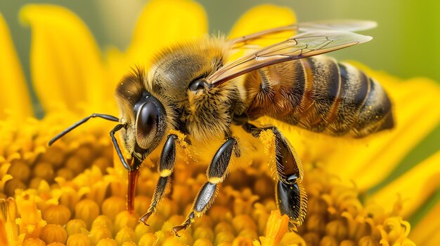 Esta é uma fotografia em close de uma abelha melífera em uma flor. A abelha está coberta de pelagem amarela e preta com uma longa probóscide para coletar néctar.