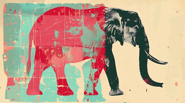 Esta é uma ilustração de um elefante com um fundo vermelho e azul. O elefante está voltado para o espectador e tem uma grande tromba.