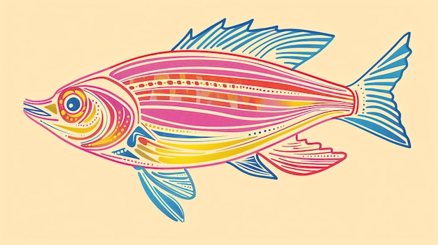 Foto esta é uma ilustração de um peixe tropical. o peixe é rosa e amarelo com detalhes azuis. tem uma longa cauda e um grande olho.