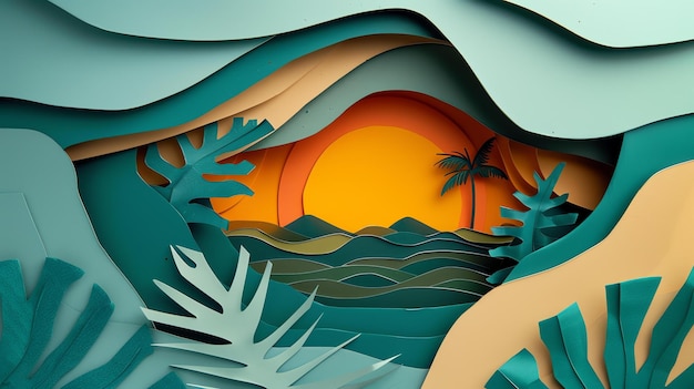 Esta é uma ilustração de uma ilha paradísia tropical o sol está a pôr-se sobre o oceano e as palmeiras estão a balançar na brisa