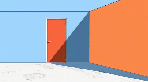 Esta é uma ilustração simples de uma sala com uma porta. A sala é pintada de azul e a porta é laranja.