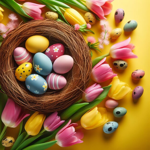 Esta é uma imagem colorida de um ninho de pássaro cheio de ovos de Páscoa e cercado por tulipas em amarelo