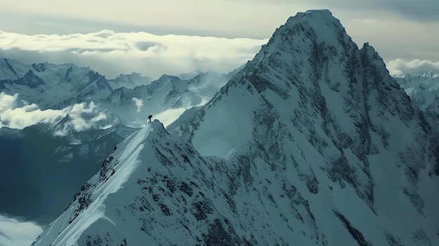 Esta é uma imagem de um alpinista em um cume. O alpinista está de pé em uma cordilheira estreita com uma queda íngreme em ambos os lados.
