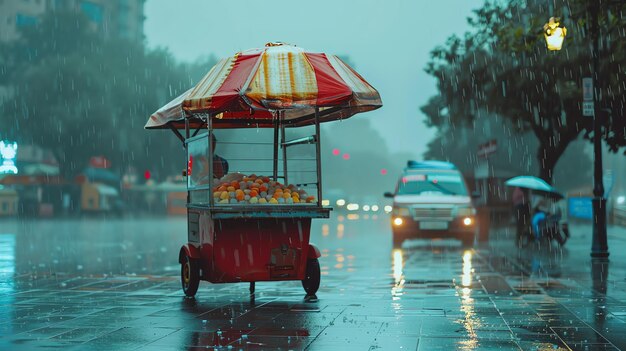 Foto esta é uma imagem de um carrinho de comida de rua em um dia chuvoso o carrinho é pintado de vermelho e branco e tem um toldo listrado