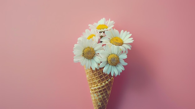 Esta é uma imagem de um cone de waffle cheio de margaridas brancas o cone é definido contra um fundo rosa