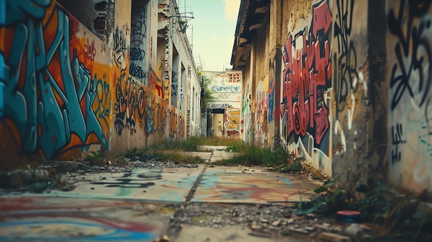 Esta é uma imagem de um edifício abandonado. As paredes estão cobertas de graffiti e o chão está cheio de escombros.
