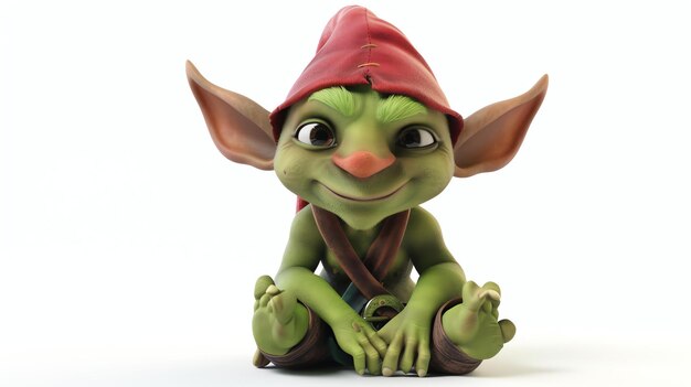 Esta é uma imagem de um goblin bonito e amigável ele está vestindo um chapéu vermelho e tem orelhas grandes e uma pele verde