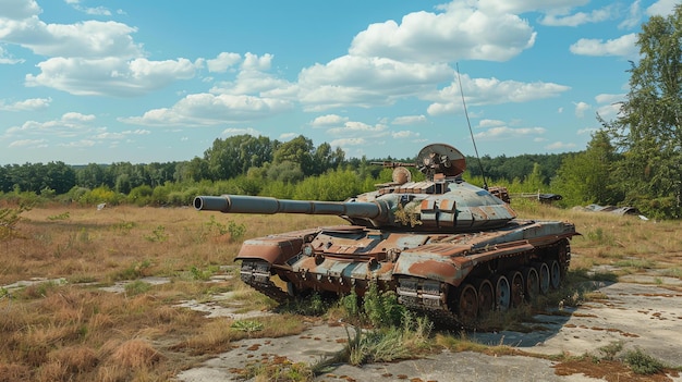 Foto esta é uma imagem de um velho tanque enferrujado abandonado em um campo. o tanque é cercado por grama alta e árvores.