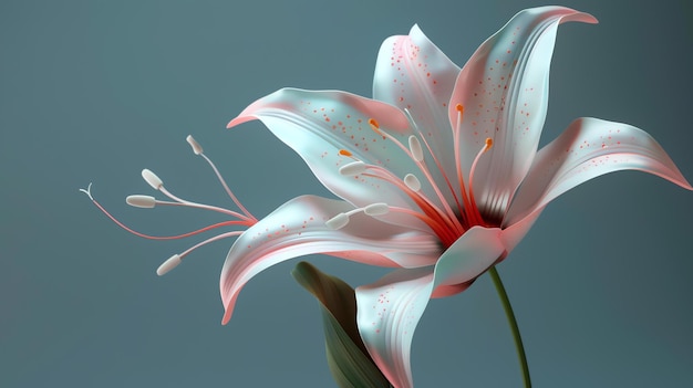 Esta é uma imagem de uma bela flor. A flor é branca com bordas cor-de-rosa e tem um longo caule com folhas verdes.