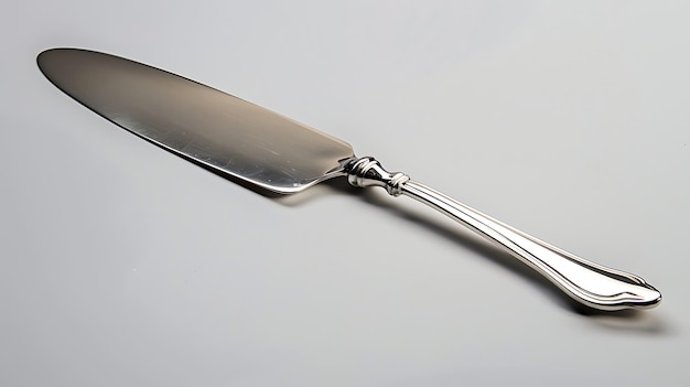 Esta é uma imagem de uma elegante faca de bolo de prata. A faca tem uma lâmina longa e fina e um punho curvo.