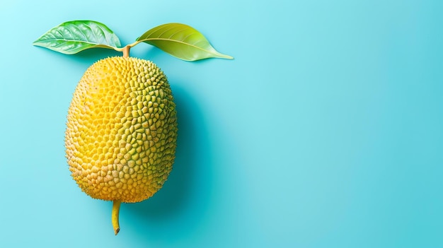 Esta é uma imagem de uma fruta tropical amarela, tem uma pele irregular e folhas verdes, a fruta está sentada em um fundo azul.