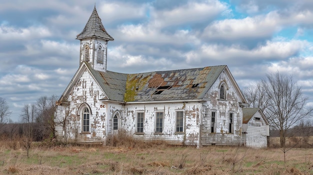 Esta é uma imagem de uma igreja abandonada é feita de madeira branca e tem um grande campanário