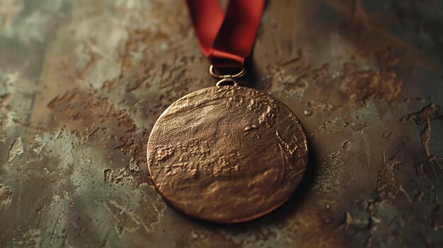 Foto esta é uma imagem em close de uma medalha de bronze com uma fita vermelha. a medalha está sobre uma superfície escura.