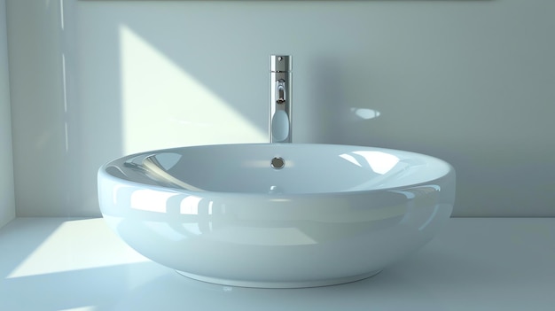 Esta é uma imagem em close de uma pia de banheiro moderna. A pia é feita de cerâmica branca e tem uma forma redonda.