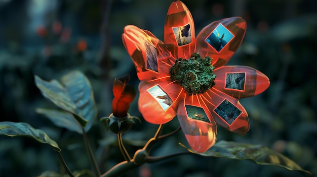 Esta é uma obra de arte conceitual de uma flor com pétalas feitas de superfícies refletoras exibindo várias