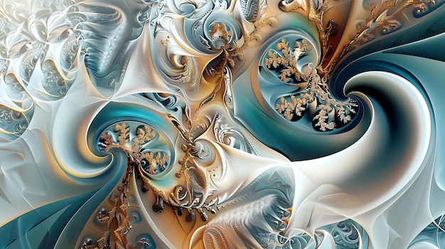 Esta é uma pintura abstrata que poderia ser usada como fundo ou textura. tem um fundo azul claro e branco com um padrão branco e dourado.