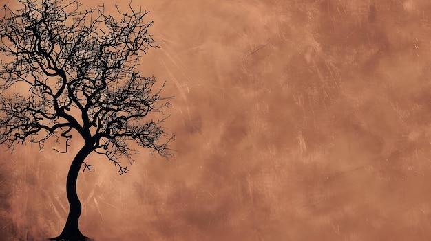Esta é uma pintura digital de uma árvore sem folhas. A árvore é de cor escura. O fundo é de cor marrom claro com uma textura áspera.