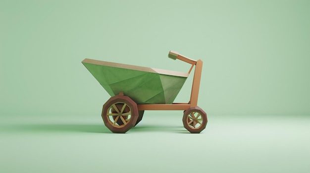 Esta é uma renderização 3D de um carrinho simples. O carrinho é feito de madeira e tem um corpo verde.