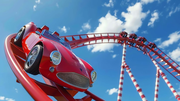 Foto esta é uma renderização 3d de um carro esportivo vermelho em uma pista de montanha-russa. o carro está subindo uma colina e está cercado por um céu azul e nuvens brancas.