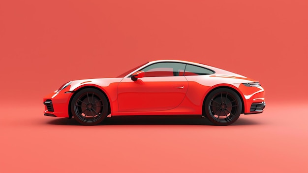 Esta é uma renderização 3D de um carro esportivo vermelho. O carro é mostrado em um ambiente de estúdio simples com um fundo vermelho.