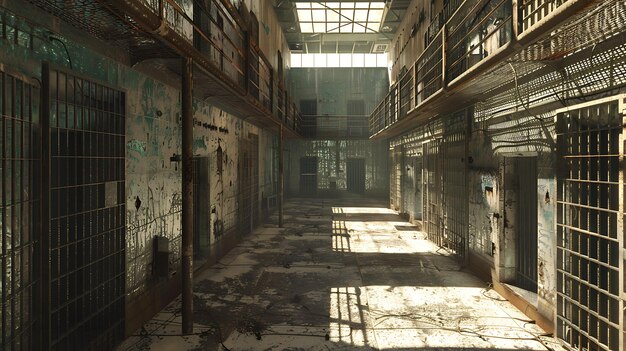 Foto esta é uma renderização 3d de um corredor da prisão. as paredes são de concreto e o chão é de aço. há barras nas janelas e portas.
