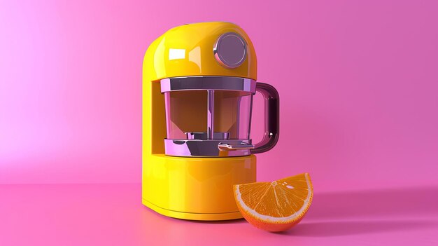 Esta é uma renderização 3D de um espremedor amarelo. O espremedor tem um design elegante e moderno e é feito de materiais de alta qualidade.