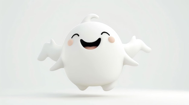 Esta é uma renderização 3D de um fantasma bonito e amigável que tem um grande sorriso no rosto e está cercado por um suave brilho branco