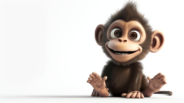 Esta é uma renderização 3D de um macaco bonito e amigável. Tem pêlo castanho, grandes olhos e uma expressão lúdica no rosto.