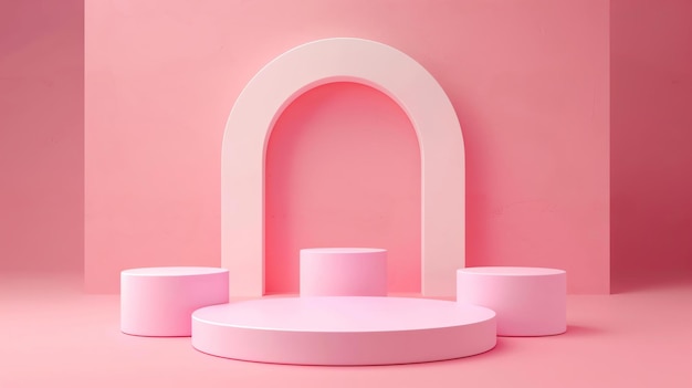 Esta é uma renderização 3D de um pódio rosa com um fundo rosa. O pódio é feito de três cilindros e um arco.