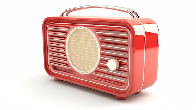Esta é uma renderização 3D de um rádio de estilo vintage vermelho tem uma alça prateada e um botão prateado o rádio está sentado em uma superfície branca