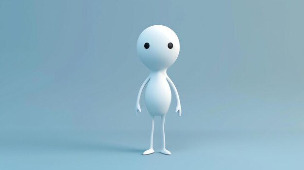 Esta é uma renderização 3D de um simples personagem de desenho animado branco. Tem uma cabeça redonda com dois olhos pretos, um corpo pequeno e dois braços e pernas.