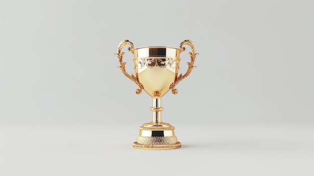 Esta é uma renderização 3D de um troféu de ouro. O troféu está sobre um fundo branco e tem uma superfície refletora brilhante.