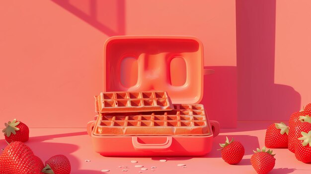 Foto esta é uma renderização 3d de um waffle iron com um fundo rosa. o waffle iron está aberto e há dois waffles dentro.