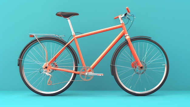 Esta é uma renderização 3D de uma bicicleta. É um design simples e limpo com uma moldura vermelha e rodas pretas. A bicicleta está de pé contra um fundo azul.
