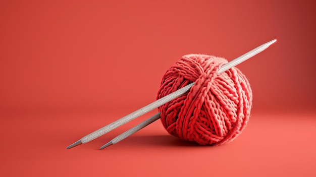 Foto esta é uma renderização 3d de uma bola vermelha de fio com um par de agulhas de tricô. o fio é macio e fofo e as agulhas são feitas de madeira.