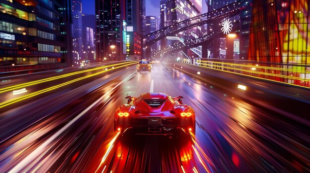 Foto esta é uma renderização 3d gerada por um motor de jogo de um carro dirigindo rápido e drifting ao longo de uma rodovia noturna em uma cidade futurista perspectiva em terceira pessoa