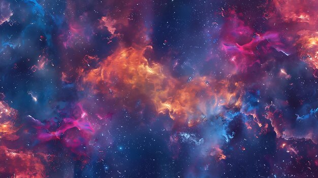 Esta é uma vista hipnotizante de uma nebulosa colorida no espaço profundo. Os vibrantes tons de vermelho, azul e roxo criam uma sensação de temor e maravilha.