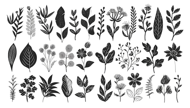 Esta elegante coleção de elementos botânicos desenhados à mão inclui vários tipos de folhas, flores e plantas em ilustrações pretas detalhadas