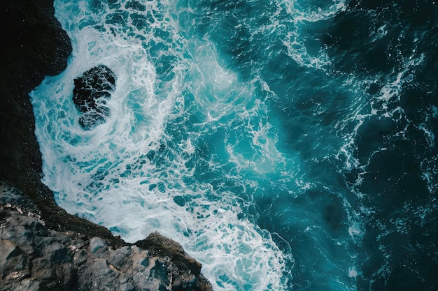 Esta foto aérea de tirar o fôlego captura uma vasta extensão de água azul calma fornecendo uma vista serena de cima uma exibição aérea hipnotizante de um mar dançando em torno da praia rochosa gerada pela IA