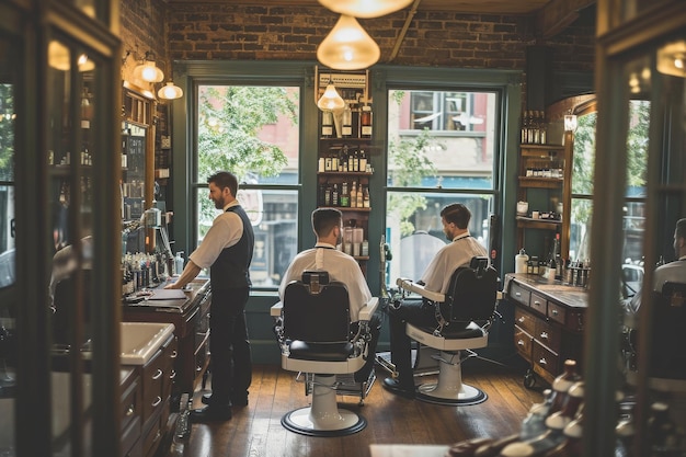 Esta foto capta um homem em uma barbearia recebendo um corte de cabelo de um barbeiro profissional Groomsmen se preparando em uma barbaria vintage AI Gerado