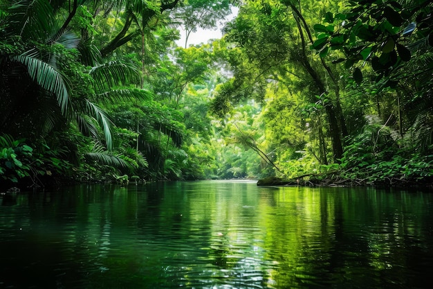 Esta foto captura um corpo de água sereno aninhado entre uma paisagem vibrante de árvores verdes exuberantes um dossel de verde escondendo um rio de floresta tropical AI gerado