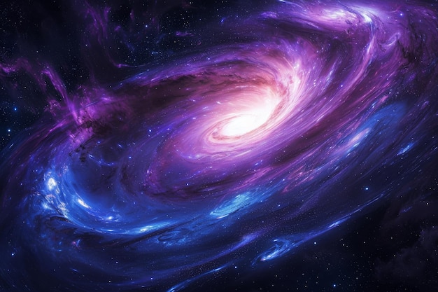 Esta foto captura uma galáxia espiral girando em tons de roxo e azul adornada com inúmeras estrelas de poeira cósmica girando criando um fundo galáctico gerado por IA